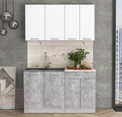 Кухонный гарнитур Интерлиния Мила Лайт 1.4 (белый платинум/бетон/бискайская сосна)