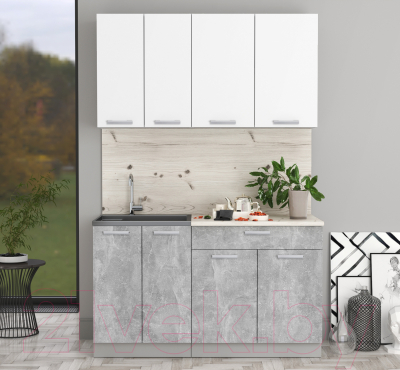 Кухонный гарнитур Интерлиния Мила Лайт 1.4-60 (белый платинум/бетон/бискайская сосна)