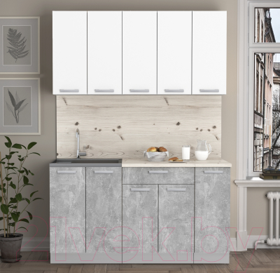 Кухонный гарнитур Интерлиния Мила Лайт 1.5 (белый платинум/бетон/бискайская сосна)