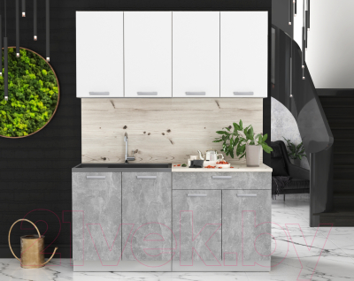 Кухонный гарнитур Интерлиния Мила Лайт 1.6 (белый платинум/бетон/бискайская сосна)