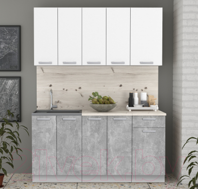 Кухонный гарнитур Интерлиния Мила Лайт 1.6-60 (белый платинум/бетон/бискайская сосна)