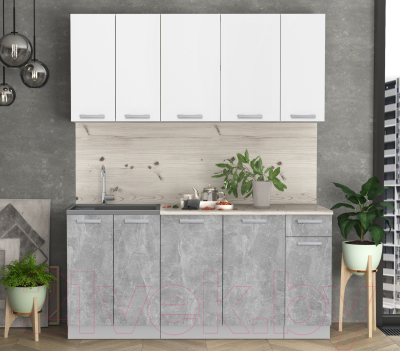 Кухонный гарнитур Интерлиния Мила Лайт 1.7-60 (белый платинум/бетон/бискайская сосна)