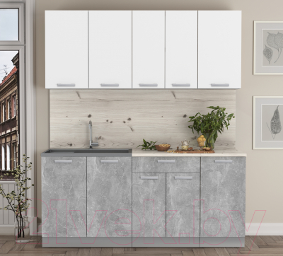 Кухонный гарнитур Интерлиния Мила Лайт 1.8 (белый платинум/бетон/бискайская сосна)