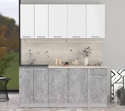 Кухонный гарнитур Интерлиния Мила Лайт 1.8-60 (белый платинум/бетон/бискайская сосна)