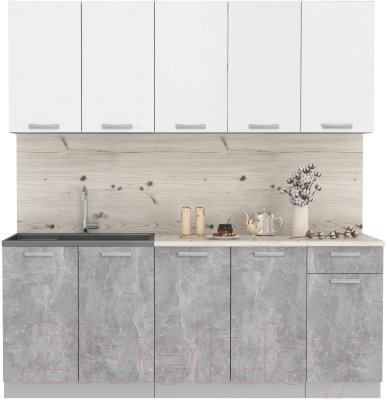 Кухонный гарнитур Интерлиния Мила Лайт 2.0 (белый платинум/бетон/бискайская сосна) - фото