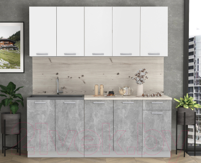 Кухонный гарнитур Интерлиния Мила Лайт 2.0 (белый платинум/бетон/бискайская сосна)