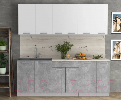 Кухонный гарнитур Интерлиния Мила Лайт 2.1 (белый платинум/бетон/бискайская сосна)