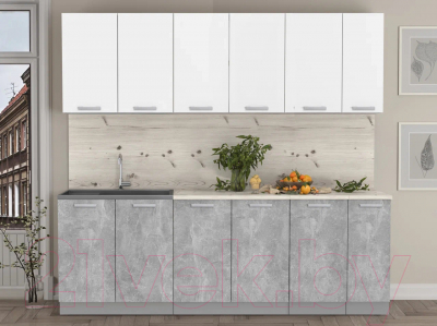 Кухонный гарнитур Интерлиния Мила Лайт 2.3 (белый платинум/бетон/бискайская сосна)