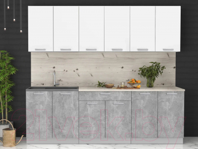 Кухонный гарнитур Интерлиния Мила Лайт 2.4 (белый платинум/бетон/бискайская сосна)