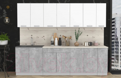 Кухонный гарнитур Интерлиния Мила Лайт 2.7 (белый платинум/бетон/бискайская сосна)