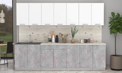 Кухонный гарнитур Интерлиния Мила Лайт 2.8 (белый платинум/бетон/бискайская сосна)