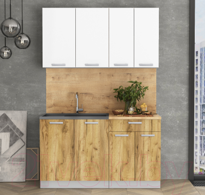 Кухонный гарнитур Интерлиния Мила Лайт 1.4 (белый платинум/дуб золотой/дуб бунратти)