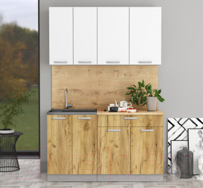 Кухонный гарнитур Интерлиния Мила Лайт 1.4-60 (белый платинум/дуб золотой/дуб бунратти)