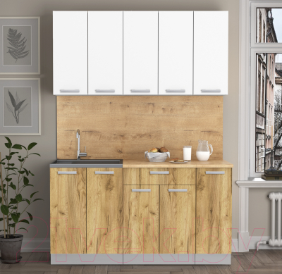 Кухонный гарнитур Интерлиния Мила Лайт 1.5 (белый платинум/дуб золотой/дуб бунратти)