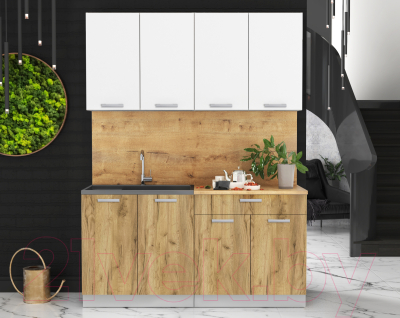 Кухонный гарнитур Интерлиния Мила Лайт 1.6 (белый платинум/дуб золотой/дуб бунратти)