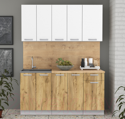 Кухонный гарнитур Интерлиния Мила Лайт 1.6-60 (белый платинум/дуб золотой/дуб бунратти)