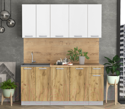 Кухонный гарнитур Интерлиния Мила Лайт 1.7-60 (белый платинум/дуб золотой/дуб бунратти)