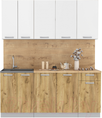 Кухонный гарнитур Интерлиния Мила Лайт 1.8-60 (белый платинум/дуб золотой/дуб бунратти) - фото