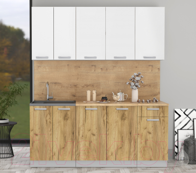 Кухонный гарнитур Интерлиния Мила Лайт 1.8-60 (белый платинум/дуб золотой/дуб бунратти)