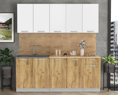 Кухонный гарнитур Интерлиния Мила Лайт 2.0 (белый платинум/дуб золотой/дуб бунратти)