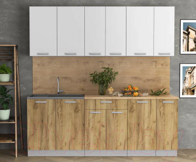 Кухонный гарнитур Интерлиния Мила Лайт 2.1 (белый платинум/дуб золотой/дуб бунратти)