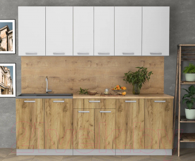 Кухонный гарнитур Интерлиния Мила Лайт 2.2 (белый платинум/дуб золотой/дуб бунратти)