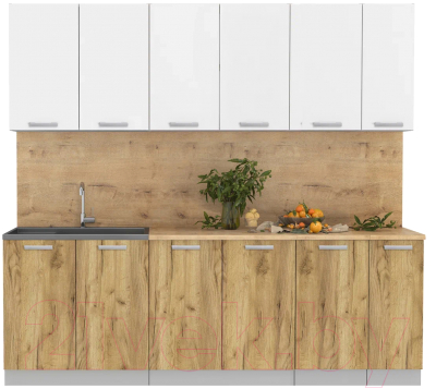 Кухонный гарнитур Интерлиния Мила Лайт 2.3 (белый платинум/дуб золотой/дуб бунратти) - фото