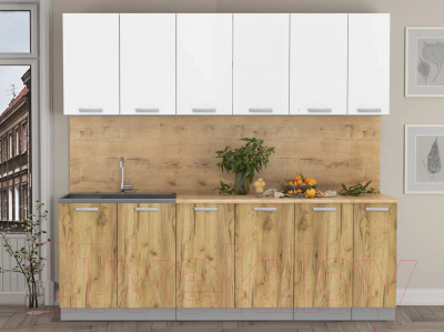 Кухонный гарнитур Интерлиния Мила Лайт 2.3 (белый платинум/дуб золотой/дуб бунратти)