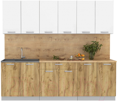 Кухонный гарнитур Интерлиния Мила Лайт 2.4 (белый платинум/дуб золотой/дуб бунратти) - фото