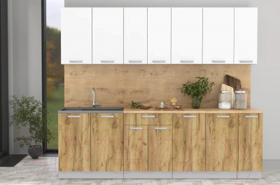 Кухонный гарнитур Интерлиния Мила Лайт 2.5 (белый платинум/дуб золотой/дуб бунратти)