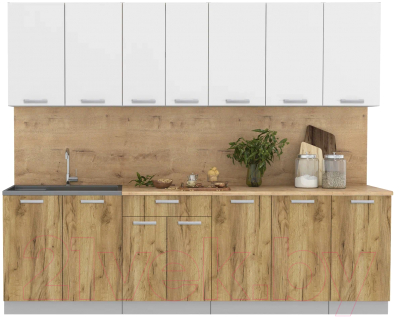 Кухонный гарнитур Интерлиния Мила Лайт 2.6 (белый платинум/дуб золотой/дуб бунратти) - фото