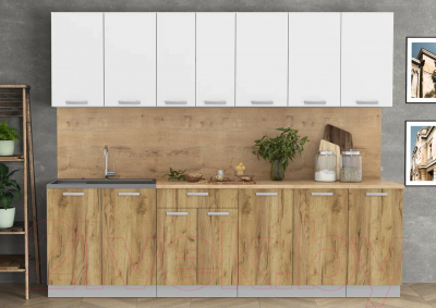 Кухонный гарнитур Интерлиния Мила Лайт 2.6 (белый платинум/дуб золотой/дуб бунратти)