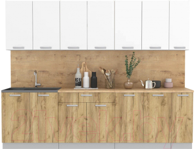 Кухонный гарнитур Интерлиния Мила Лайт 2.7 (белый платинум/дуб золотой/дуб бунратти) - фото