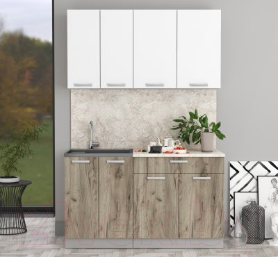 Кухонный гарнитур Интерлиния Мила Лайт 1.4-60 (белый платинум/дуб серый/малага)