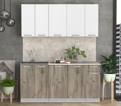 Кухонный гарнитур Интерлиния Мила Лайт 1.7-60 (белый платинум/дуб серый/малага)