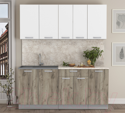 Кухонный гарнитур Интерлиния Мила Лайт 1.8 (белый платинум/дуб серый/малага)