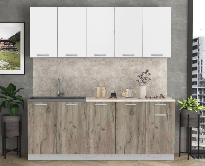 Кухонный гарнитур Интерлиния Мила Лайт 2.0 (белый платинум/дуб серый/малага)