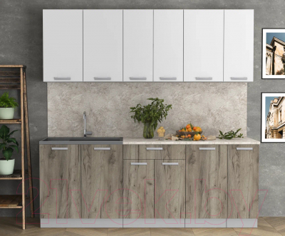 Кухонный гарнитур Интерлиния Мила Лайт 2.1 (белый платинум/дуб серый/малага)