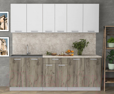 Кухонный гарнитур Интерлиния Мила Лайт 2.2 (белый платинум/дуб серый/малага)