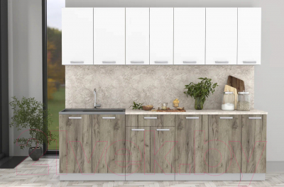 Кухонный гарнитур Интерлиния Мила Лайт 2.5 (белый платинум/дуб серый/малага)