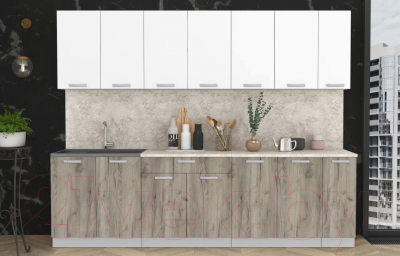 Кухонный гарнитур Интерлиния Мила Лайт 2.7 (белый платинум/дуб серый/малага)