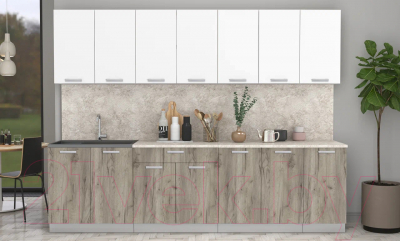 Кухонный гарнитур Интерлиния Мила Лайт 2.8 (белый платинум/дуб серый/малага)