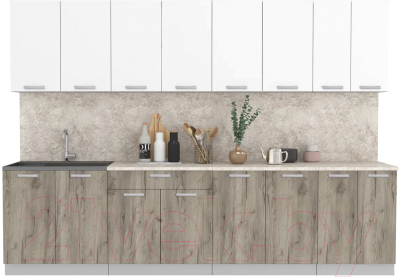 Кухонный гарнитур Интерлиния Мила Лайт 3.0 (белый платинум/дуб серый/малага) - фото