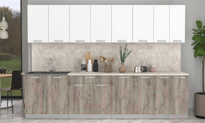 Кухонный гарнитур Интерлиния Мила Лайт 3.0 (белый платинум/дуб серый/малага)