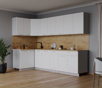 Кухонный гарнитур Интерлиния Мила Лайт 1.2x2.6 (белый платинум/белый платинум/дуб бунратти)