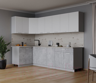 Кухонный гарнитур Интерлиния Мила Лайт 1.2x2.6 (белый платинум/бетон/бискайская сосна)