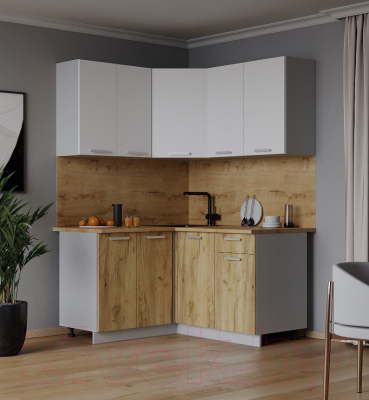 Кухонный гарнитур Интерлиния Мила Лайт 1.2x1.4 (белый платинум/дуб золотой/дуб бунратти)