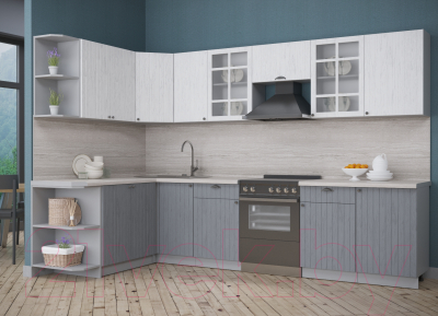 Кухонный гарнитур Интерлиния Берес 1.7x3.1 левая (дуб полярный/дуб серый/травертин серый)