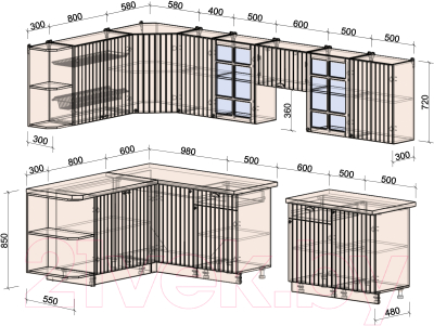 Кухонный гарнитур Интерлиния Берес 1.7x3.1 левая (дуб лазурный/дуб серый/серый каспий)