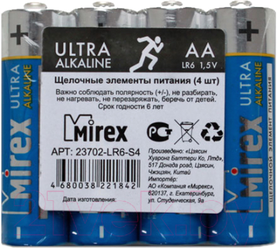 Комплект батареек Mirex LR6 AA 1.5V / 23702-LR6-S4 - фото